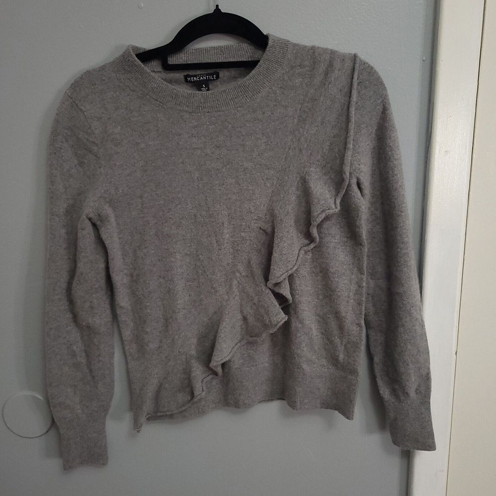 J. Crew‎ Mercantile ruffle front sweater wool blend Grey long sleeve Small EUC